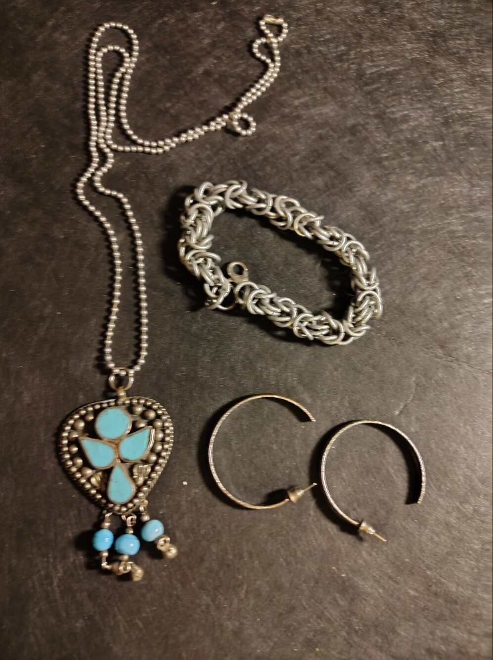 Faux Turquoise Heart Necklace Small Hoop Earrings Byzantine Bracelet Set Silver